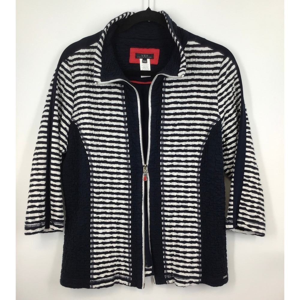 Vex Black White Striped Textured Zip Jacket 3/4 Sleeve Nautical Chic Size 42